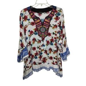 5243)Calesaa Plus Multicolor Embroidry Coastal Boho 3/4 Bell Sleevs Tunic Top 3X